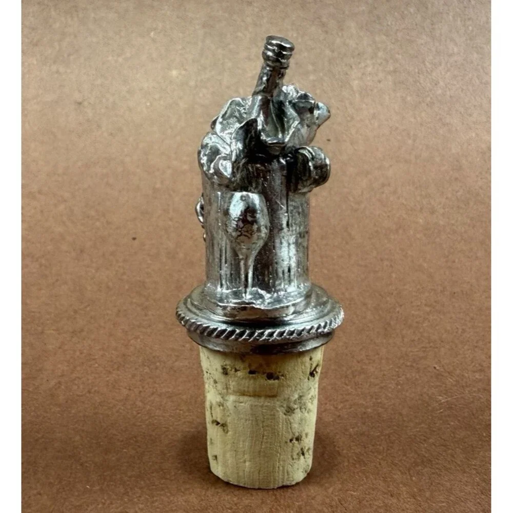 Vintage Etched Pewter W/Cork Wine Bottle in Bucket Bottle Stopper